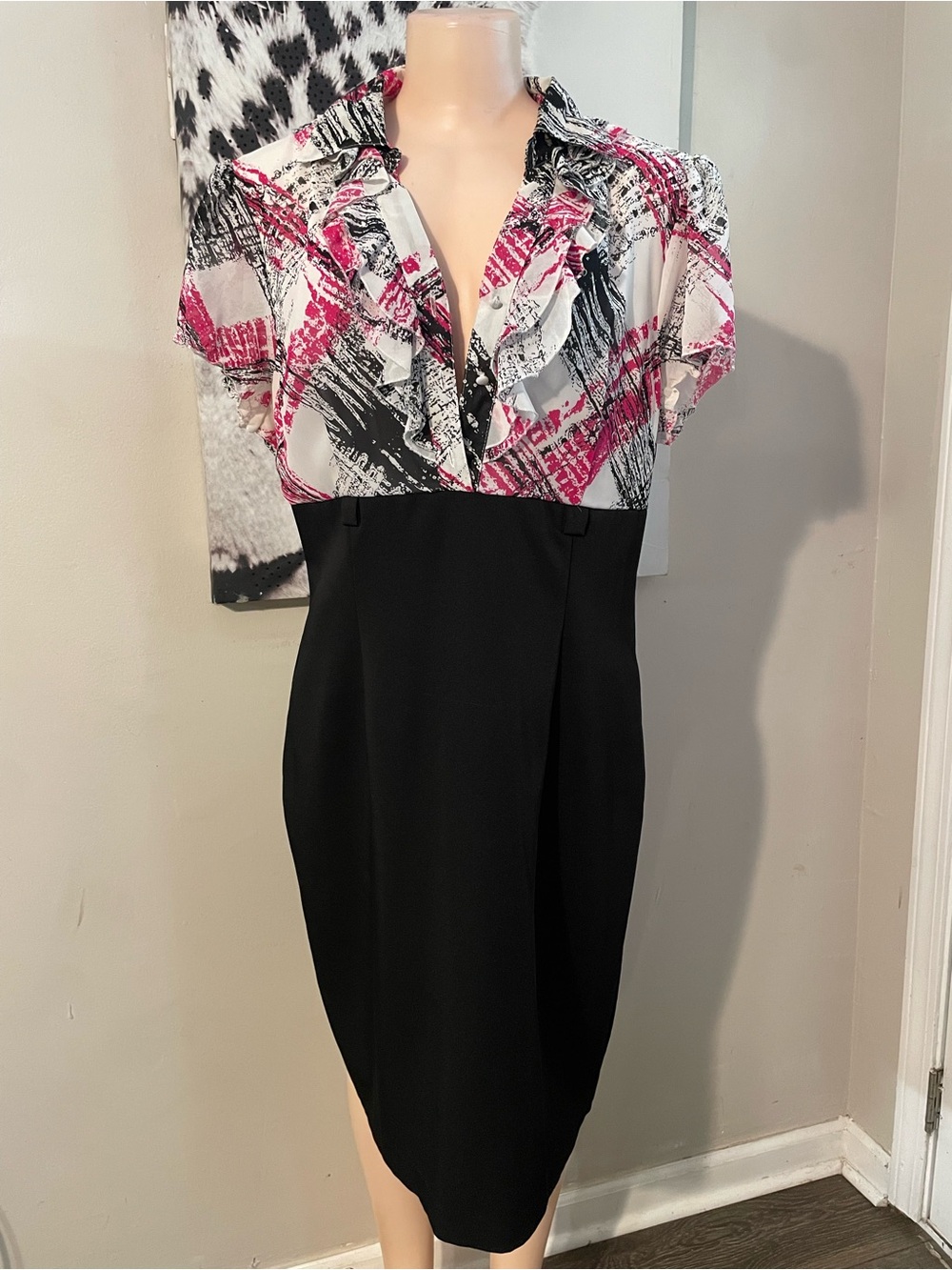 Voir Voir colorblock plaid pink black empire waist sheath dress ruffle pencil 16